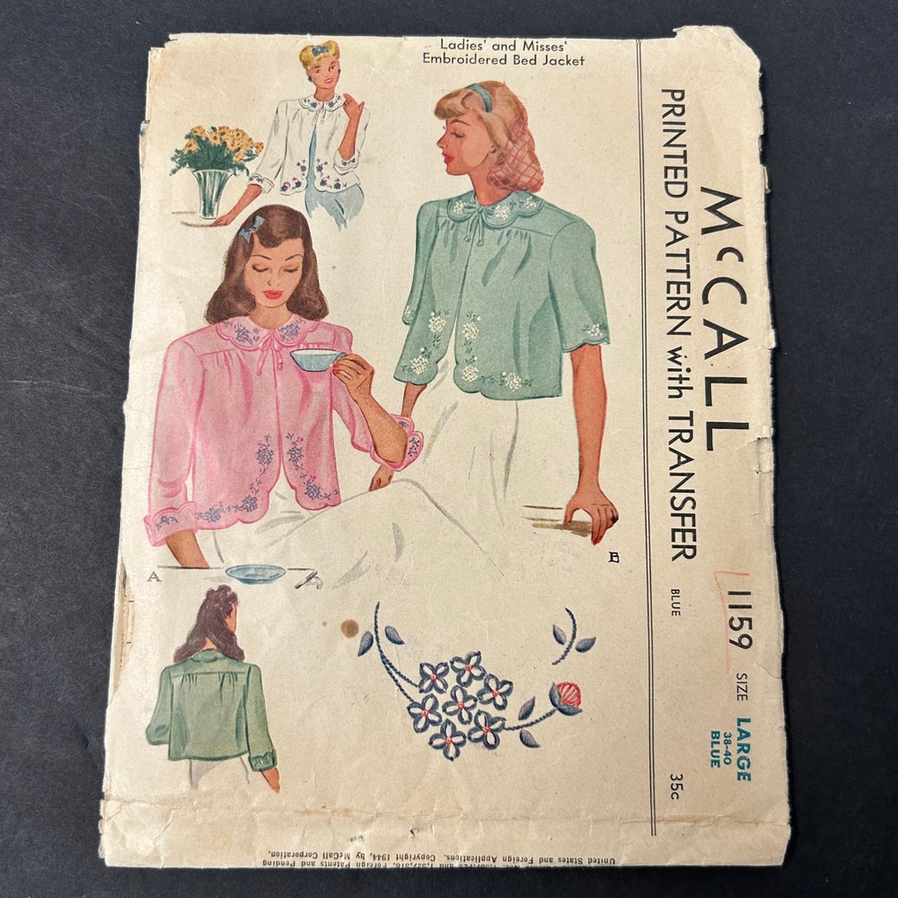 Vintage 1944 McCall 1159 Bed Jacket Pattern Women Large 38-40